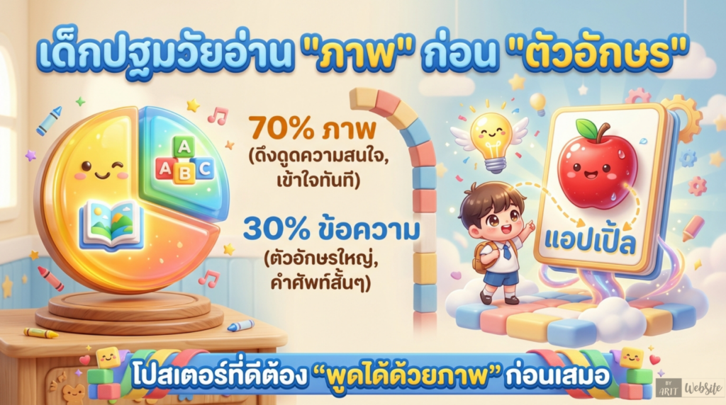 Visual First 70:30 ภาพต้องใหญ่กว่าข้อความในสัดส่วน 70:30 เด็กปฐมวัยอ่านภาพก่อนข้อความเสมอ