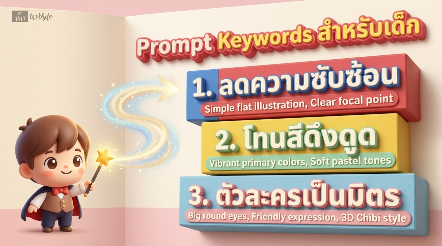Keyword เพิ่มเติมใน Prompt สำหรับเด็กปฐมวัย นอกจากระบุ Aspect Ratio และขนาดแล้ว ควรเพิ่ม Keyword ต่อไปนี้เพื่อให้ภาพเหมาะกับเด็กอายุ 2–6 ปี