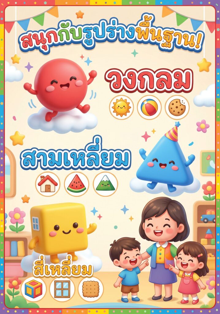 Prompt ตัวอย่างโดยใช้สูตร RTCF+ [R] You are an expert kindergarten educational poster designer. [T] Create a colorful educational poster about basic shapes (circle, triangle, square). [C] For Thai kindergarten children aged 3–6, to be printed and hung in the classroom. [F] เลือกตามการใช้งาน: • ติดผนังห้องเรียน (A3): 3D Chibi Pixar-style, portrait A3 3508×4961px, 300 DPI, bright primary colors, Thai rounded font 60pt+. • ฉาย Smart TV / จอโปรเจกเตอร์ (16:9): 3D Chibi Pixar-style, widescreen 2500×1399px, 300 DPI, bright primary colors, Thai rounded font 60pt+. • โพสต์ Social Media: 3D Chibi Pixar-style, aspect ratio 9:16 (IG Story/TikTok) หรือ 1:1 (Facebook/IG โพสต์), bright primary colors. [+] No dark elements, no sharp edges, no scary faces, everything must look safe for 3-year-old children. 