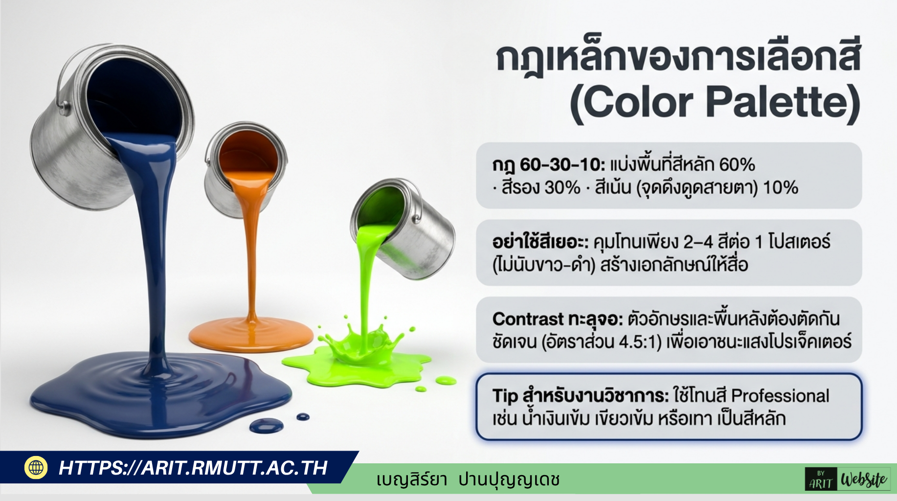 หลักการออกแบบรวม: สี · ฟอนต์ · Layout
การเลือกสี (Color Palette)
โปสเตอร์ที่ดีใช้สีจำนวนน้อยแต่สม่ำเสมอ ช่วยสร้าง visual identity ที่แข็งแกร่ง