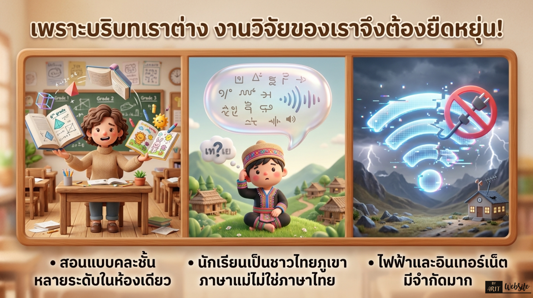 การวิจัยในชั้นเรียน (Classroom Action Research) คือการที่ครูสังเกต ตั้งคำถาม และหาวิธีแก้ปัญหาที่เกิดขึ้นจริงในห้องเรียนของตัวเองอย่างเป็นระบบ ไม่ใช่ภาระเพิ่มเติม แต่เป็นเครื่องมือที่ช่วยให้ครู ศศช. เข้าใจผู้เรียน พัฒนาวิธีสอน และสร้างหลักฐานวิทยฐานะไปพร้อมกันในการทำงานประจำวัน บริบทพิเศษที่คู่มือนี้คำนึงถึง: 🏫 สอนแบบคละชั้น — หลายระดับในห้องเดียว 🗣️ นักเรียนชาวไทยภูเขา มีภาษาแม่ที่ไม่ใช่ภาษาไทย 📡 พื้นที่ห่างไกล ไฟฟ้าและอินเทอร์เน็ตมีจำกัดหรือไม่มีเลย 📋 ผลวิจัย 1 ชิ้นใช้เป็นหลักฐาน วPA ด้านที่ 1 และ 2 ได้โดยตรง