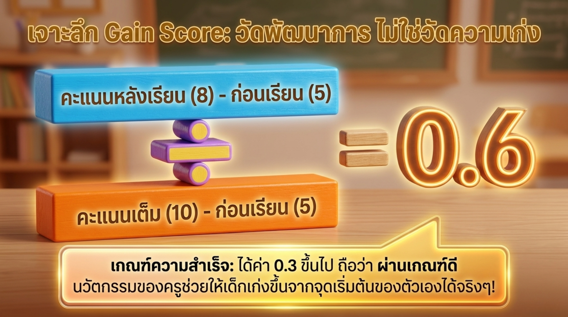 การวิเคราะห์ข้อมูลและสถิติ หัวข้อ สถิติฉบับ ศศช. — แค่มีเครื่องคิดเลขก็ทำได้! ไม่ต้องใช้โปรแกรมซับซ้อน ใช้แค่ 3 ตัวช่วย 1. ร้อยละ (%) ใช้ดูสัดส่วนเด็กที่ผ่านเกณฑ์ สูตร (จำนวนที่ผ่าน ÷ ทั้งหมด) × 100 ตัวอย่าง: ผ่าน 12 จาก 15 คน = 80% 2. ค่าเฉลี่ย (x̄) ใช้ดูภาพรวมคะแนนของทั้งห้อง สูตร รวมคะแนนทั้งหมด ÷ จำนวนนักเรียน ตัวอย่าง: (6+7+5+8+9) ÷ 5 = 7 3. Gain Score — พระเอกของงาน! วัดพัฒนาการ ไม่ใช่วัดความเก่ง สูตร (คะแนนหลังเรียน − ก่อนเรียน) ÷ (คะแนนเต็ม − ก่อนเรียน) ตัวอย่าง: (8−5) ÷ (10−5) = 0.6 = พัฒนาการปานกลาง-สูง ✓
