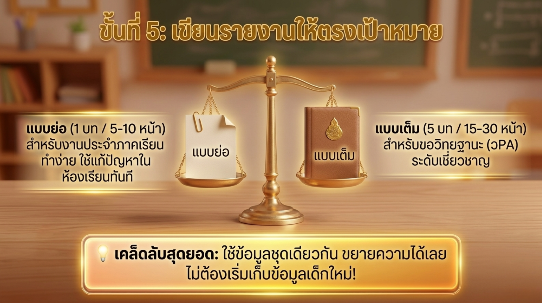 การเขียนรายงาน หัวข้อ: ขั้นที่ 5: เขียนรายงานให้ตรงเป้าหมาย ข้อมูลชุดเดียวกัน — เลือกรูปแบบให้ตรงเป้าหมาย ไม่ต้องเริ่มเก็บข้อมูลใหม่! 📄 แบบย่อ (1 บท / 5–10 หน้า) เหมาะสำหรับงานวิจัยประจำภาคเรียน ใช้แก้ปัญหาในห้องเรียนได้ทันที เขียนใช้เวลา 2–3 ชั่วโมง ประกอบด้วย: ชื่อเรื่อง → ความเป็นมา → วัตถุประสงค์ → วิธีดำเนินการ → ผลการวิจัย → สรุปและข้อเสนอแนะ → ภาคผนวก 📚 แบบเต็ม 5 บท (15–30 หน้า) เหมาะสำหรับขอวิทยฐานะระดับเชี่ยวชาญ ส่งประกวด หรือเผยแพร่วิชาการ บทที่ 1 บทนำ (ความเป็นมา, วัตถุประสงค์, สมมติฐาน, ขอบเขต, นิยามศัพท์) บทที่ 2 เอกสารและงานวิจัยที่เกี่ยวข้อง บทที่ 3 วิธีดำเนินการวิจัย (ประชากร, เครื่องมือ, วิธีเก็บข้อมูล, สถิติ) บทที่ 4 ผลการวิเคราะห์ข้อมูล บทที่ 5 สรุป อภิปรายผล และข้อเสนอแนะ 💡 เคล็ดลับ: ครูที่เพิ่งเริ่มต้นควรเขียนแบบย่อก่อน เมื่อคุ้นเคยแล้วจึงขยายเป็นแบบเต็ม 5 บท โดยใช้ข้อมูลชุดเดียวกัน
