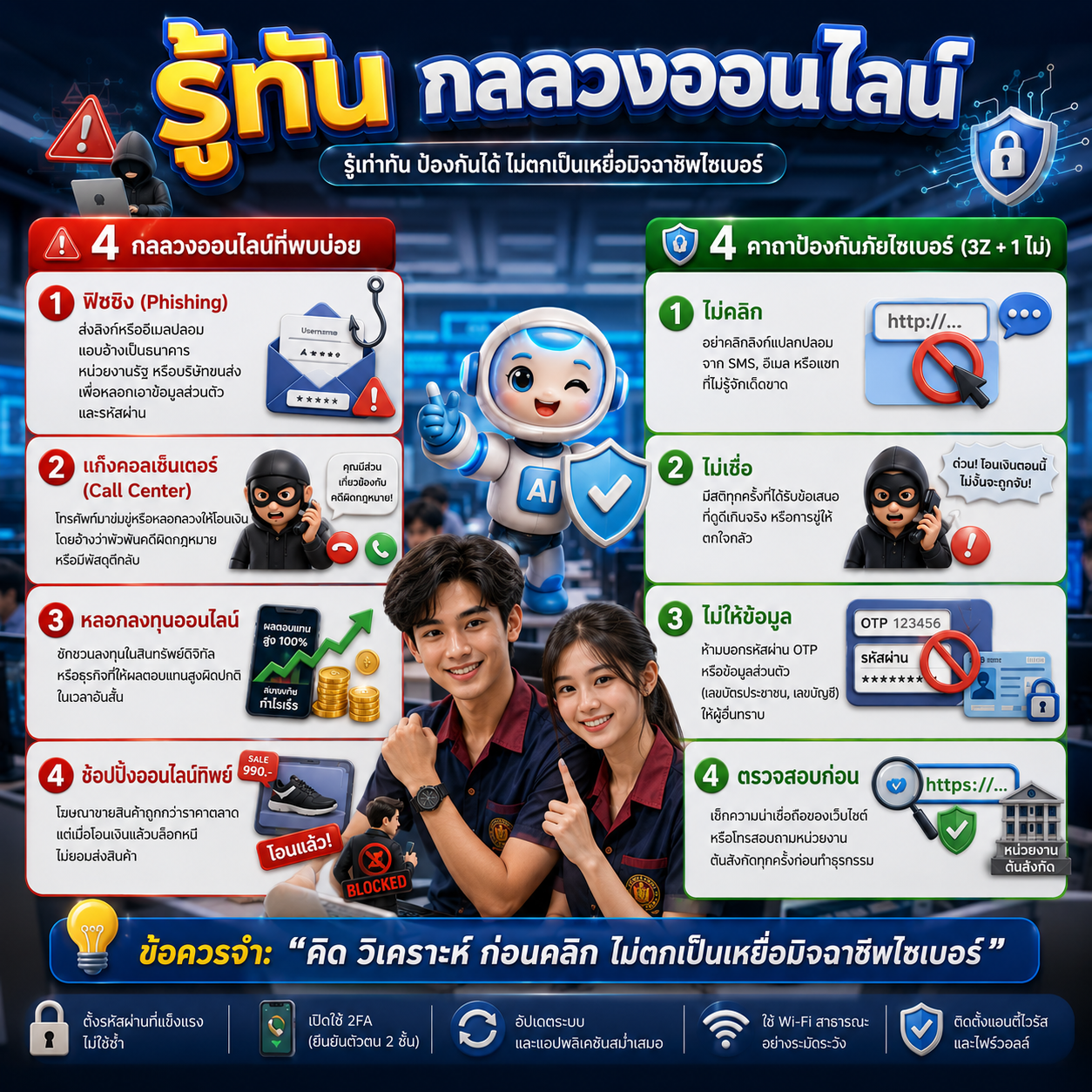 คุณคือนักออกแบบกราฟฟิก ผู้เชี่ยวชาญด้านการป้องกันภัยจากออนไลน์ และนักประชาสัมพันธ์มืออาชีพ. T (Task): ออกแบบภาพ Infographicเรื่อง "รู้ทันกลลวงออนไลน์"