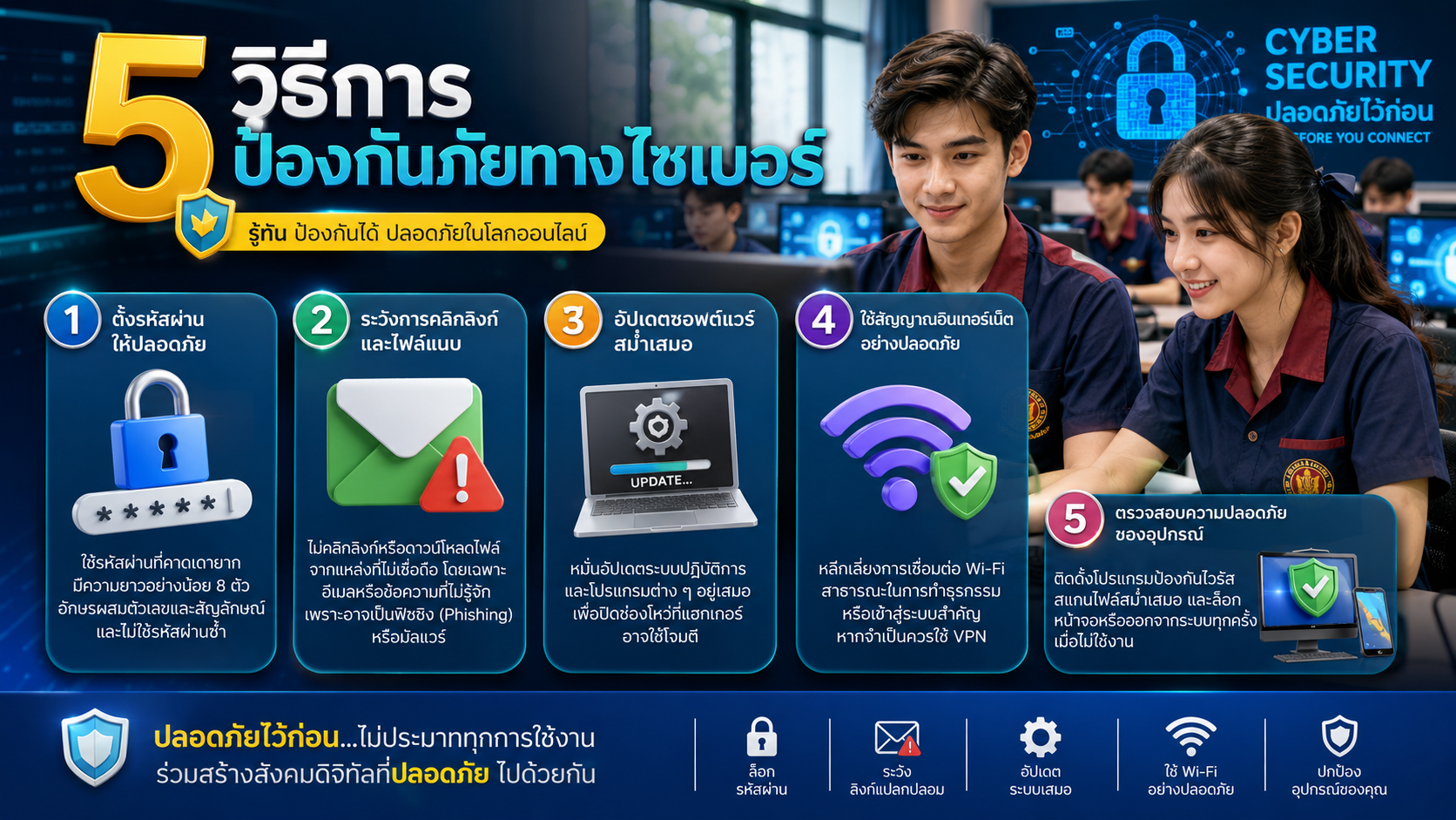 คุณคือนักออกแบบกราฟฟิกและประชาสัมพันธ์มืออาชีพ. T (Task): ออกแบบภาพ Infographicเรื่อง "5 วิธีการป้องกันภัยทางไซเบอร์"
