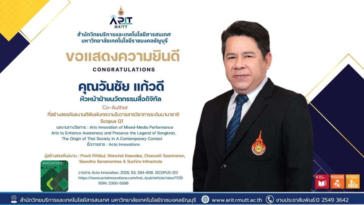 สวส. มทร.ธัญบุรี ขอแสดงความยินดี คุณวันชัย แก้วดี ร่วมสร้างผลงานวิจัยศิลปะการแสดงแบบผสมผสาน ตีพิมพ์ในวารสาร Scopus Q1